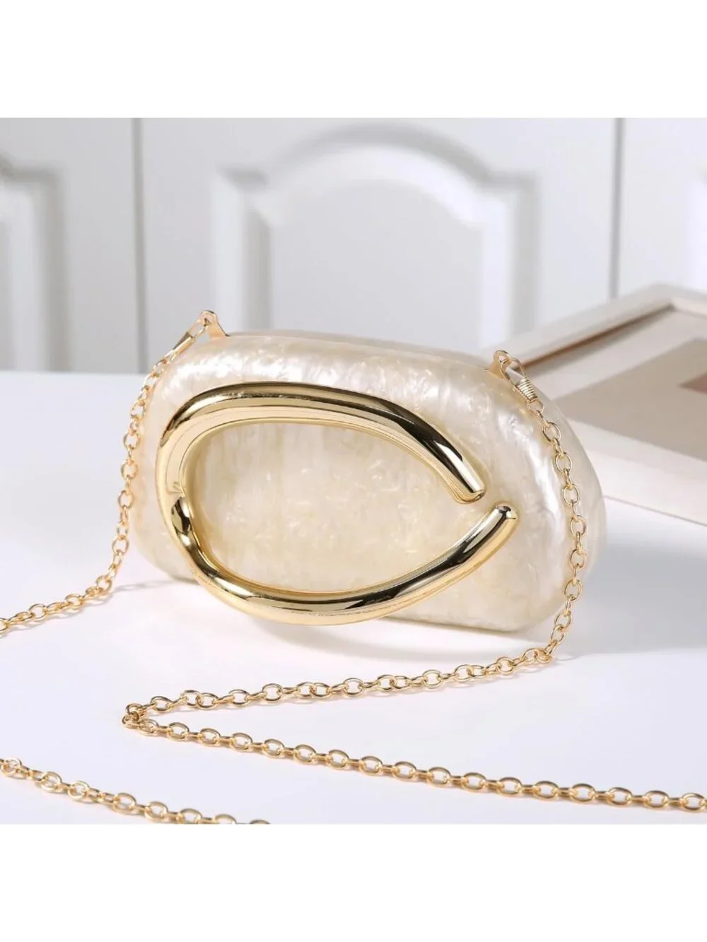 👜Women's Beige Marble Art Deco Clutch Gold-Tone Handle Evening Party Purse Bag